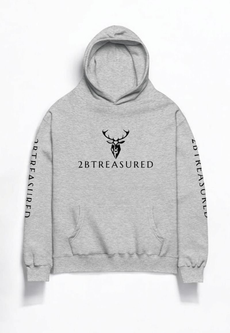 Oversized Cotton Hoodie Athletic Heather front view of branding from 2BTreasured