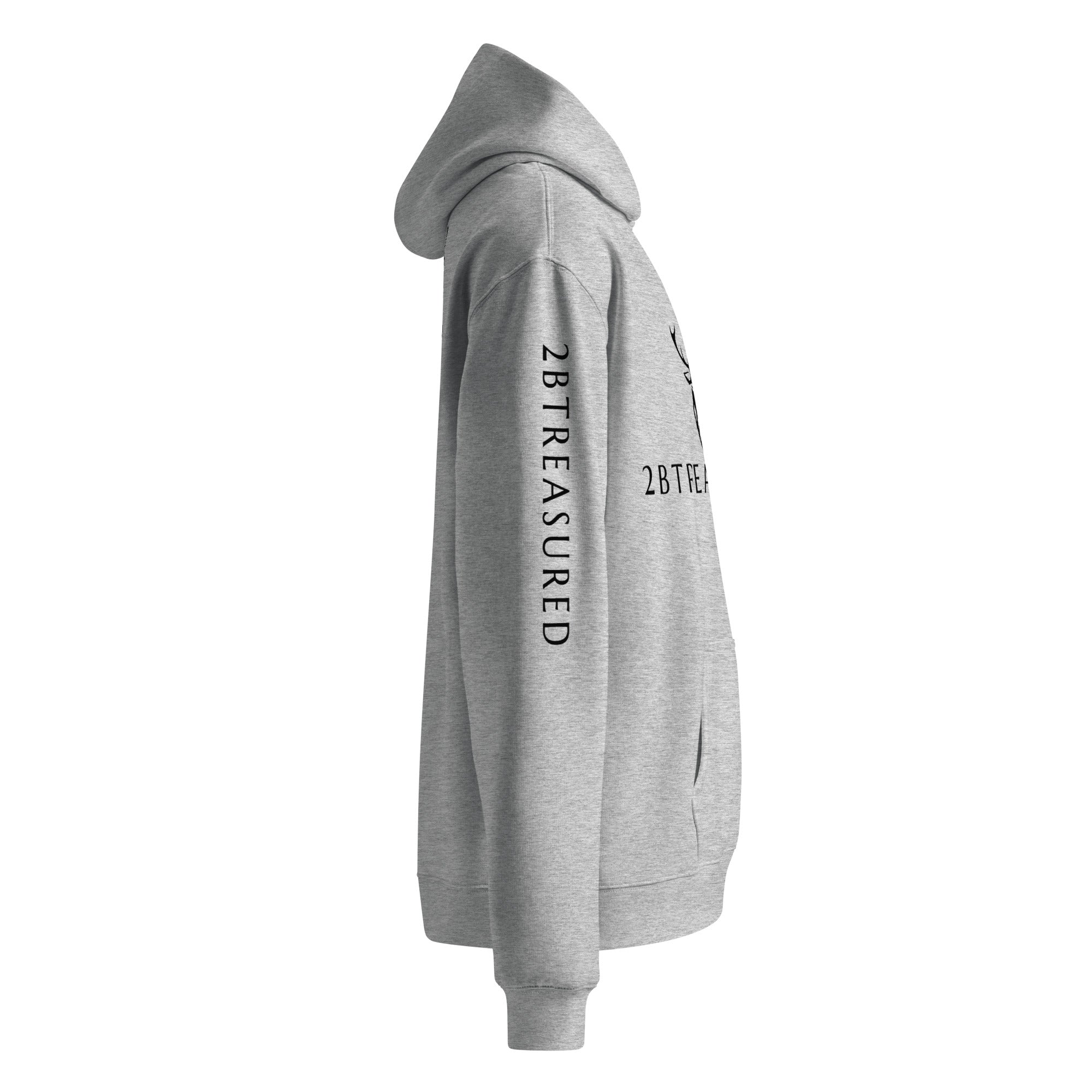 Oversized Cotton Hoodie, Athletic Heather side view of sleeve branding