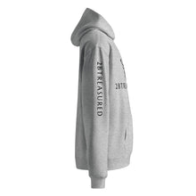 Oversized Cotton Hoodie, Athletic Heather side view of sleeve branding
