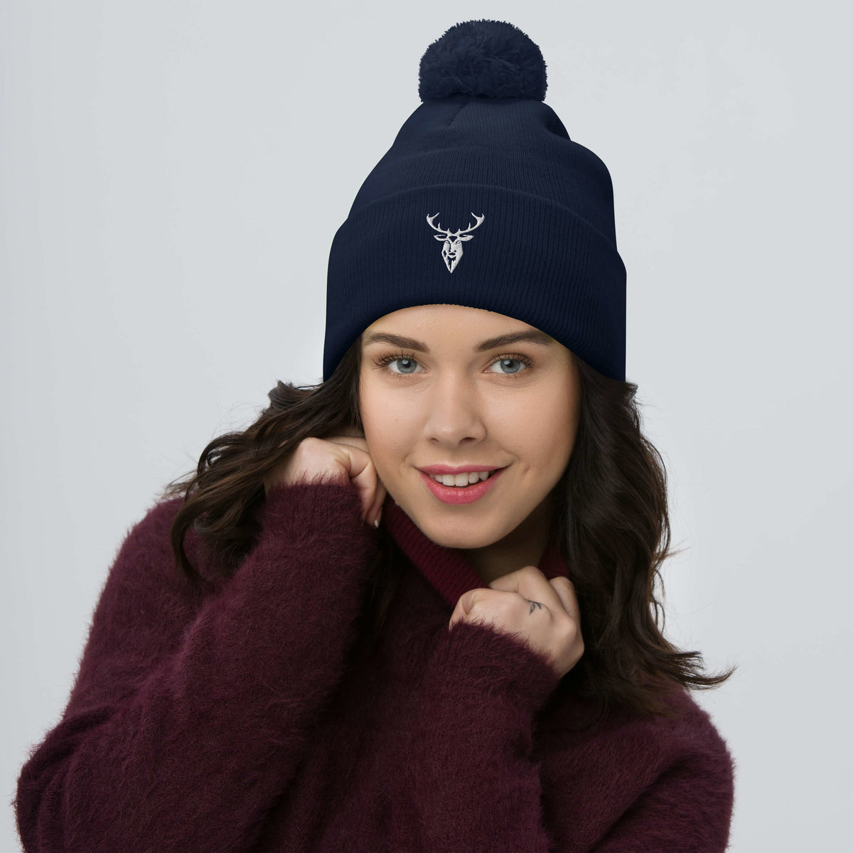 Embroidered Pom Pom Classic Knit Beanie