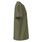 Khaki thistle Tshirt side view with British Flag on sleeve