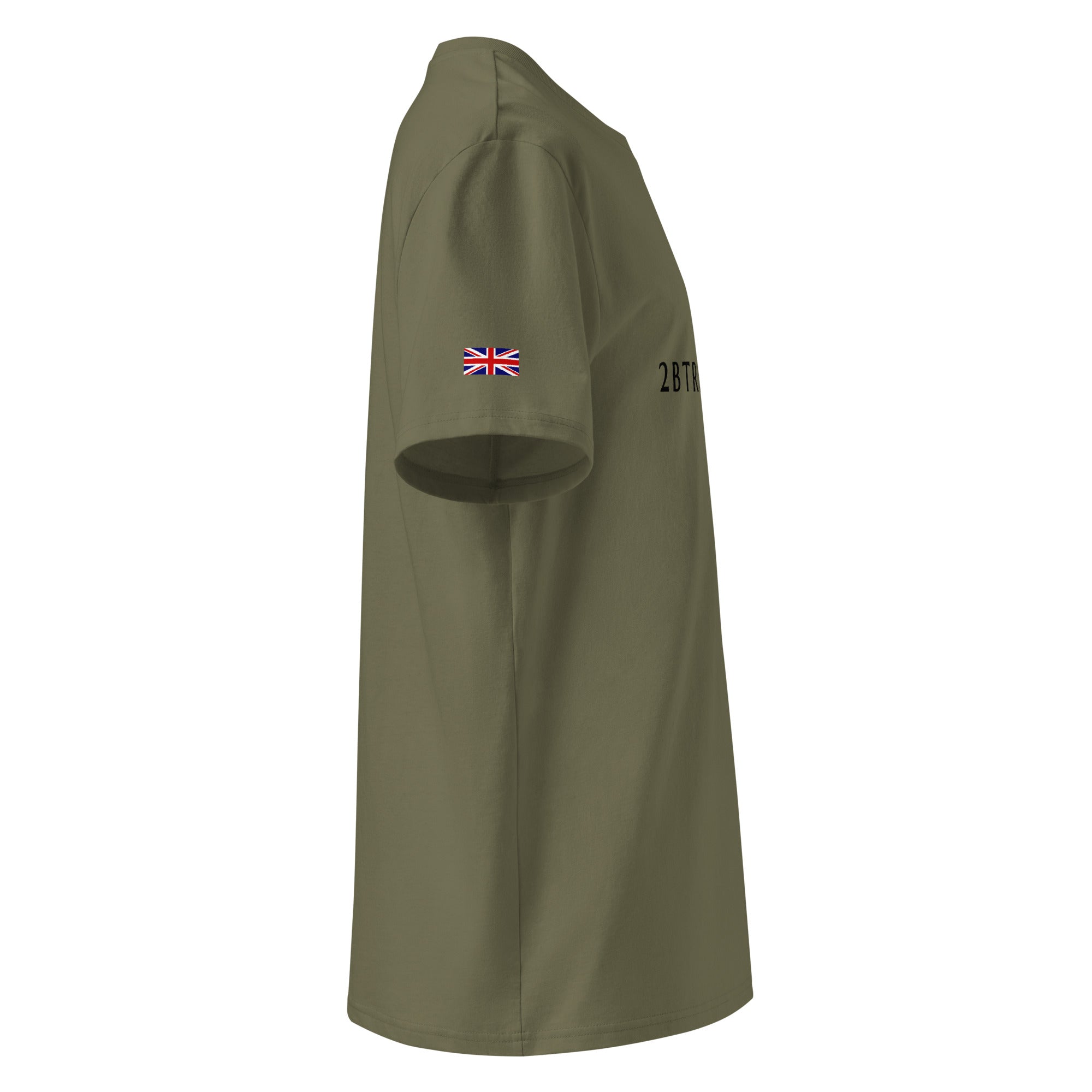 Khaki thistle Tshirt side view with British Flag on sleeve